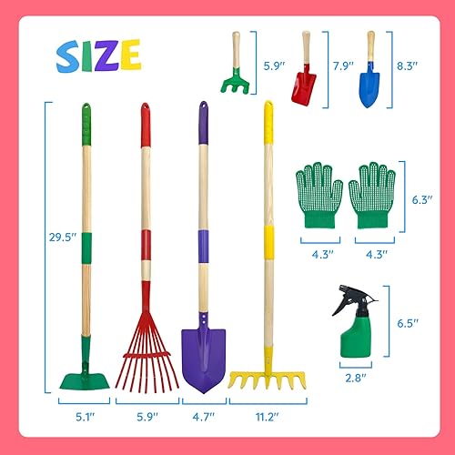 Miniatura 6 de Juego de 9 herramientas de jardinería para niños, juguetes con pala, rastrillo, azada y rastrillo de hojas para jugar al aire libre, juguetes