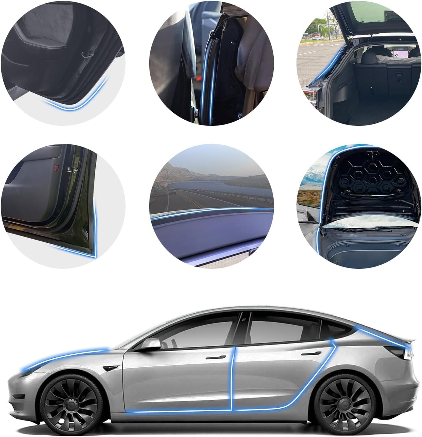 Soundproof Weather Stripping Compatible with Tesla Model 3 Y 2025 2024 2023 Interior Accessories Door Seal Sound Proof Kit Hood Trunk Cover Sealing Strip Draft Reduce Wind Noise Seal Strips (8 Pack)