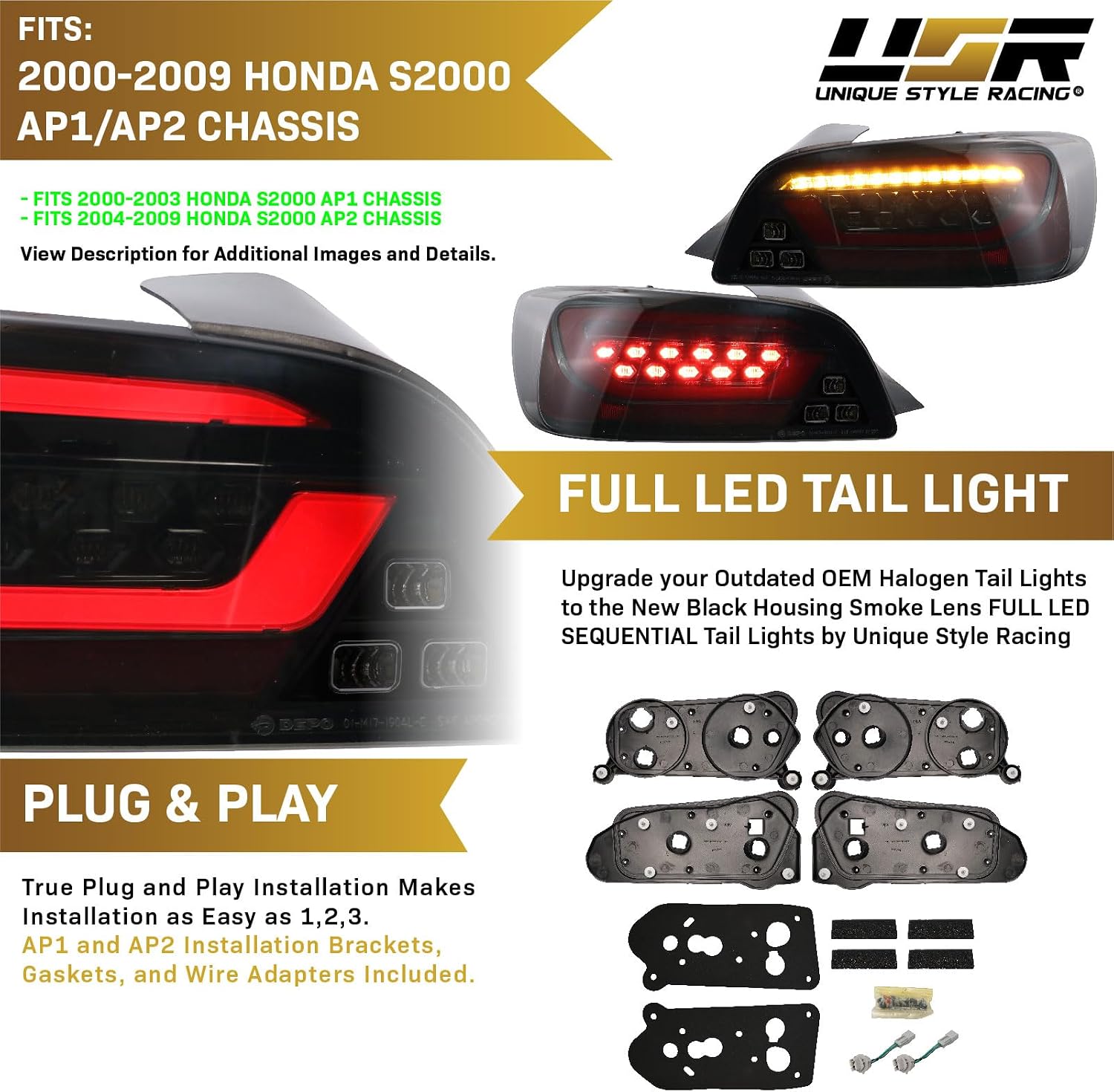 USR DEPO 00-09 S2000 JDM Style LED Black Chrome Housing Sequential Full LED Smoke Lens Tail Light Bar Set (Left + Right) Compatible with 2000-2009 Honda S2000 AP1/AP2 (2D Convertible)
