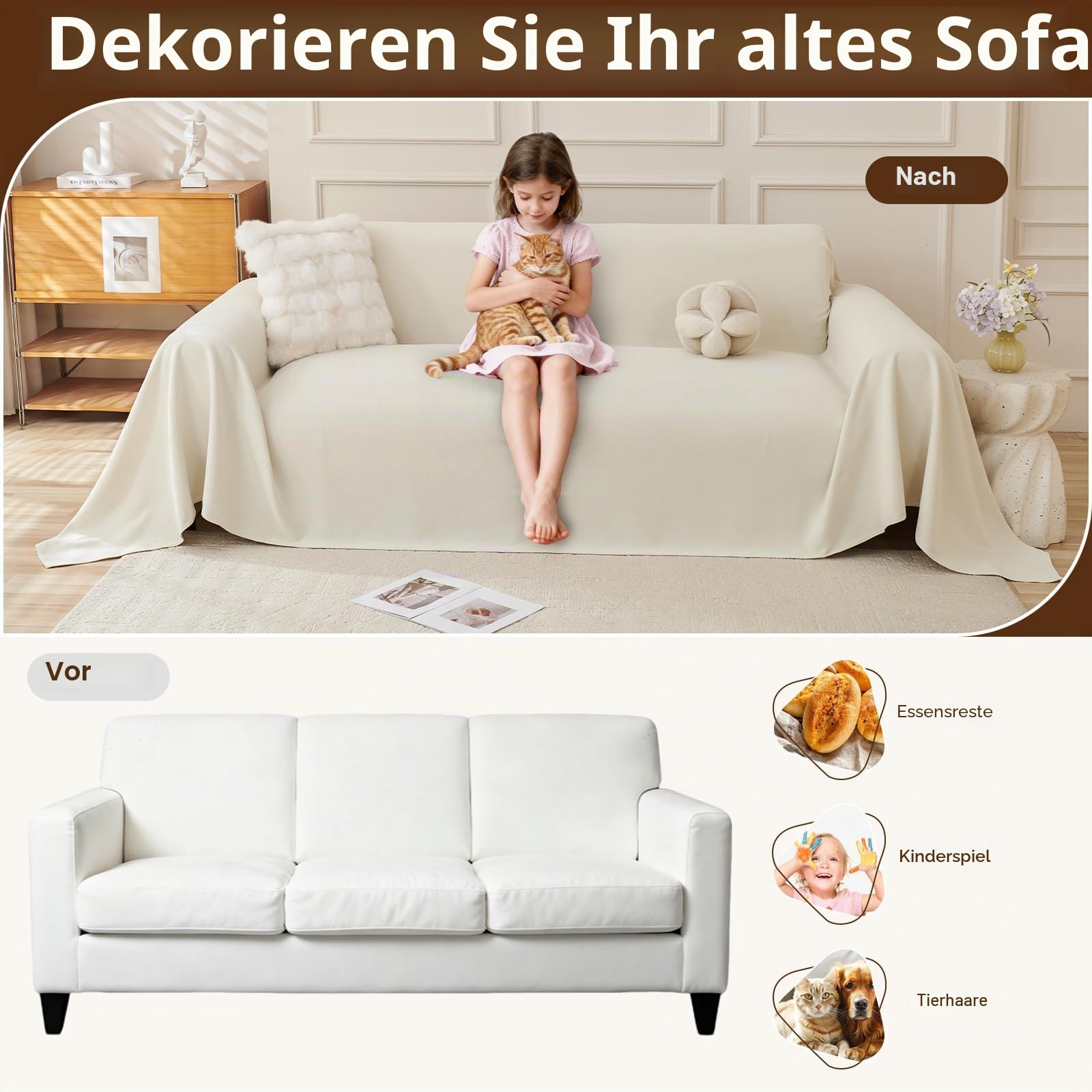 Royhom Sofa Überzug, Chenille Couch Überzug Ecksofa, Sofabezug L Form, Sofa Schutzdecke, Sofahusse mit Armlehne, Sofaüberwurf Decke Weich und Bequem, Beige, 340x180 cm | Sofaüberwurf, groß, weich und atmungsaktiv, maschinenwaschbar, für Sofa oder Ecksofa
