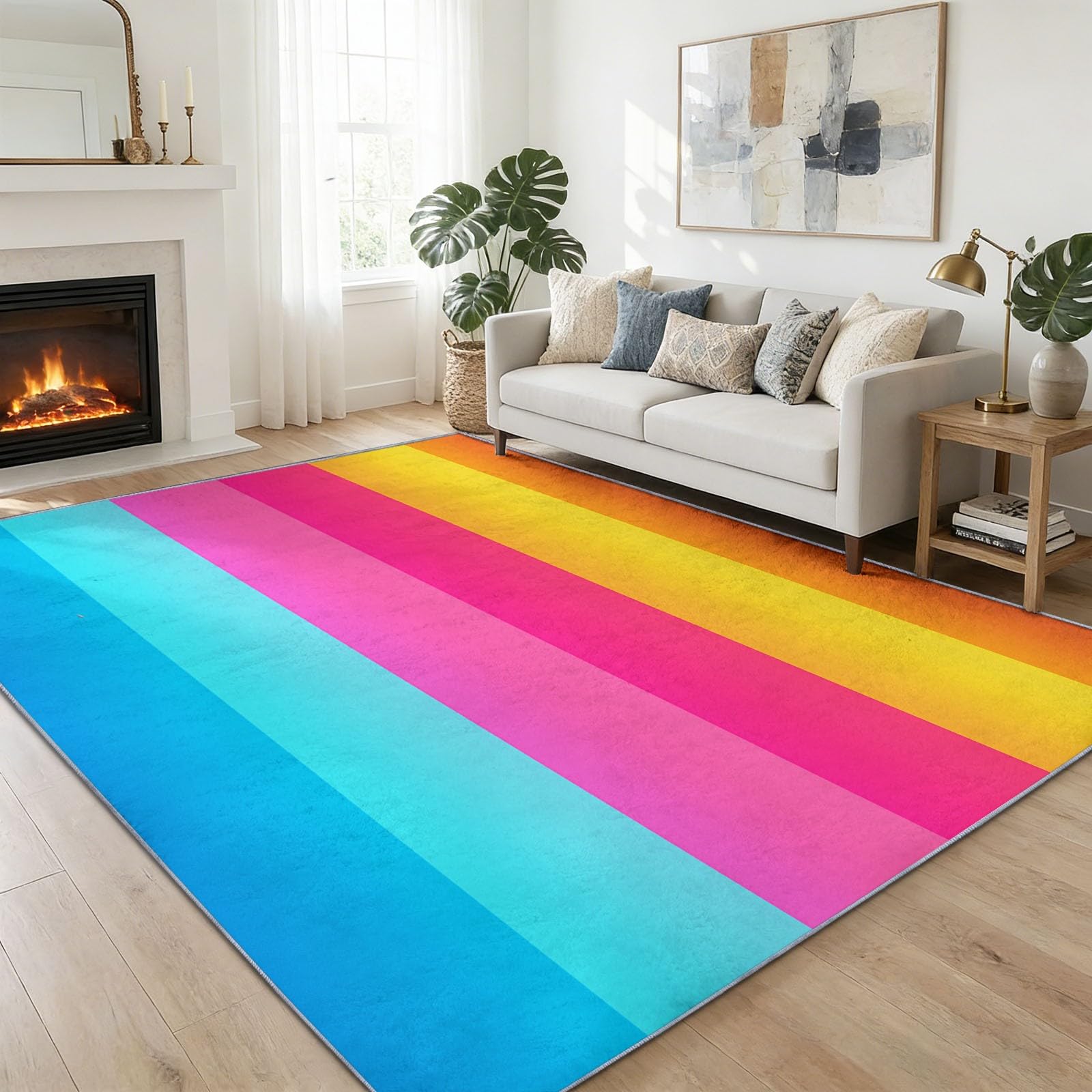 Dywan 120 x 180 cm Można prać w pralce w poziome geometryczne paski, antypoślizgowy, bezpieczny flanelowy dywanik do sypialni, salonu i łazienki - łatwy do czyszczenia, krótki włos, kolor