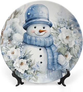 Snowman Holding Flowers Pastel Blue Decorative Plates Christmas Home Decor Ceramic Plates, Display Plates for Living Room, Kitchen, Hallway Console Side Table, Xmas Present, 6 Inch