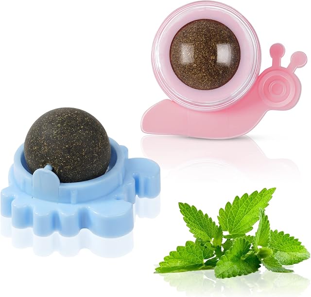 vsshe Catnip Balls Toy for Cats, 2 Pcs Rotatable Edible Pure Natural Mint Licking Treat Toy Wall Ball, Interactive Cat Toy Self-Adhesive Catnip Teeth Cleaning Edible Ball for Cats Playing Chewing