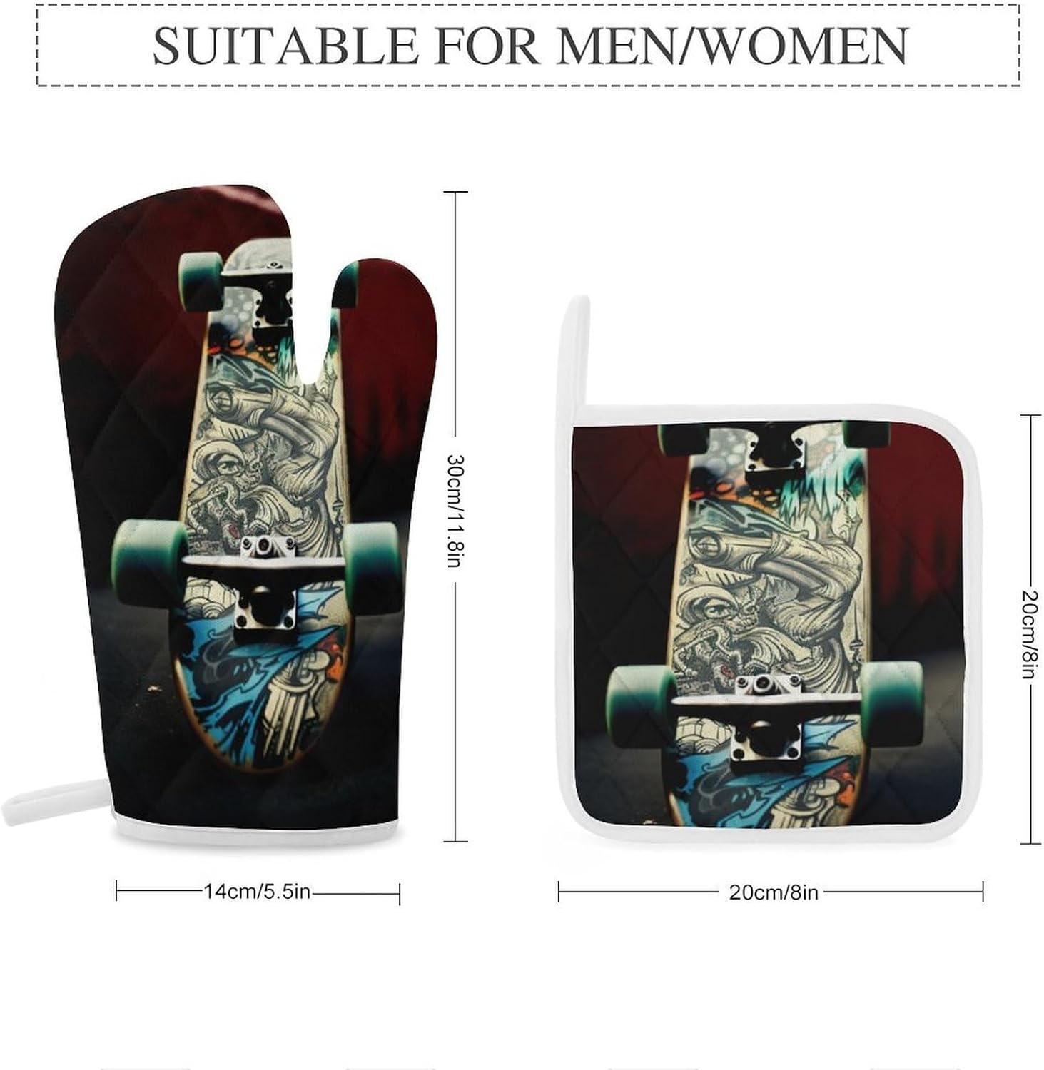 4-Piece Oven Mitts and Pot Holders Set Skate Boards Printed Heat-Resistant Polyester Kitchen Gloves and Potholders Comfortable & Durable for Cooking Baking and Grilling