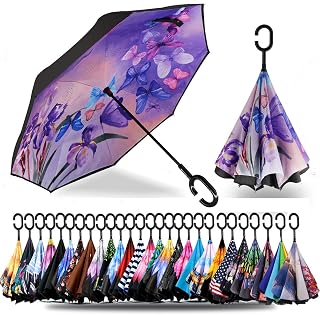 SIEPASA 40/49/56/62 Inch Inverted Reverse Upside Down Umbrella, Extra Large Double Canopy Vented Windproof Waterproof Stick Umbrellas with C-shape Handle.(Blue Butterfly, 49 Inch)