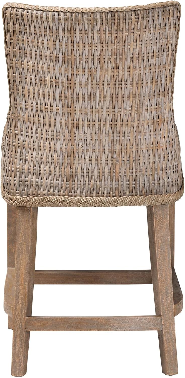 Bali & pari Derris Natural Rattan Counter Stool with Cushion - Tall Wingback Stool with Solid Mango Wood Legs and Footrest, Boho Coastal Style for Kitchen Island or Dining Area Seating, Greywashed