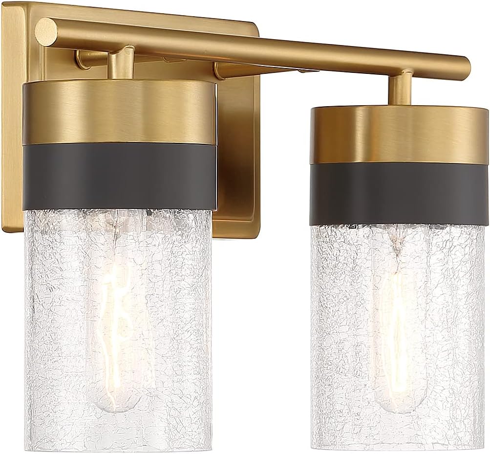 Savoy House 8-3600-2-322 Brickell Vintage Crackled Glass Bathroom Vanity Wall Light, 2-Light 120 Total Watts, 9" H x 14" W, Warm Brass