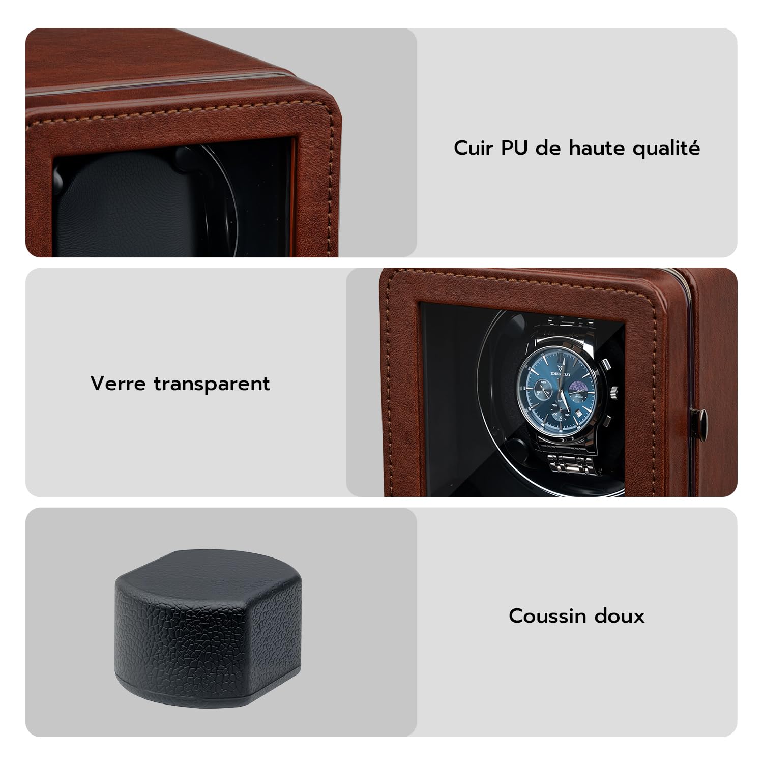 Mcbazel Remontoir 1 Montre Automatique - Moteur Ultra Silencieux avec Lumière LED, 4 Modes de Rotation, Boîte en Cuir PU, Affichage à 90° pour Montres Automatiques/Alimenté par USB – Marron