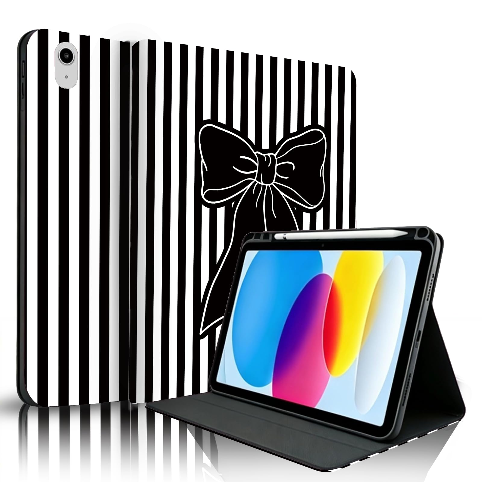 Lyfatz Custodia per iPad 11a (A16) 11" 2025 / 10a generazione 11" 2022, fiocco a righe bianche nere carine eleganti chic adorabili protettive con portapenne, antiscivolo, antiurto, fiocco nero