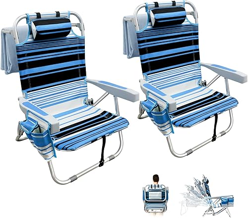 Paquete de 2 sillas de playa tipo mochila para adultos, silla de playa plegable y ligera con portavasos y reposacabezas acolchado, 5 posiciones,