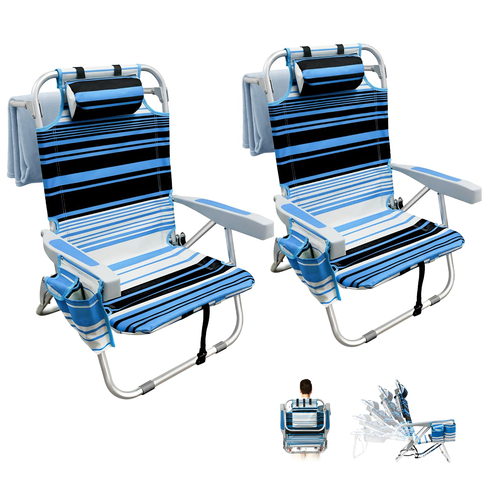 Photo 1 of 2 Pack Backpack Beach Chairs for Adults, Folding Lightweight Beach Chair with Cup Holder and Padded Headrest, 5 Positions Aluminum Reclining Heavy Duty Chair for Outdoor Camping Patio,Support 300LBS