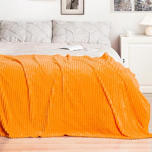 Miniatura 3 de Vessia - Manta de franela y vellón tamaño King (108x90 pulgadas), 300GSM, manta naranja a rayas para adultos, súper suave, cálida, acogedora,