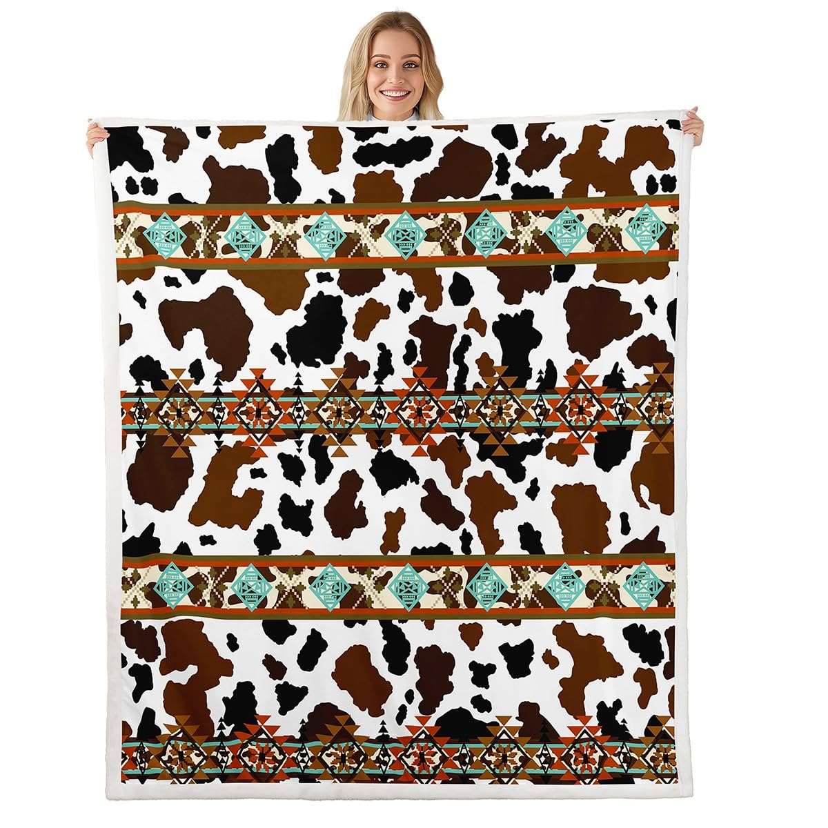 Erosebridal Cowhide Fleece Blanket Brown Highland Cow Print Blanket,Western Throw Blanket Exotic Aztec Blankets 50"x60",Farmhouse Wild Animals