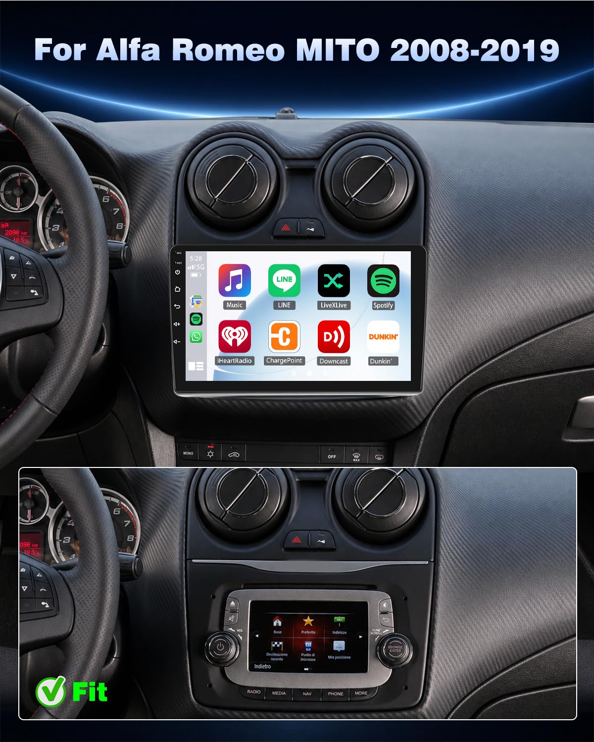 JAWSEU Android 15 4GB+64GB Autoradio per Alfa Romeo MITO 2008-2019 9 Pollici Schermo Tattile Supporto Wireless Carplay Android Auto GPS Navigatore WiFi 5G Bluetooth 5.0 HiFi FM