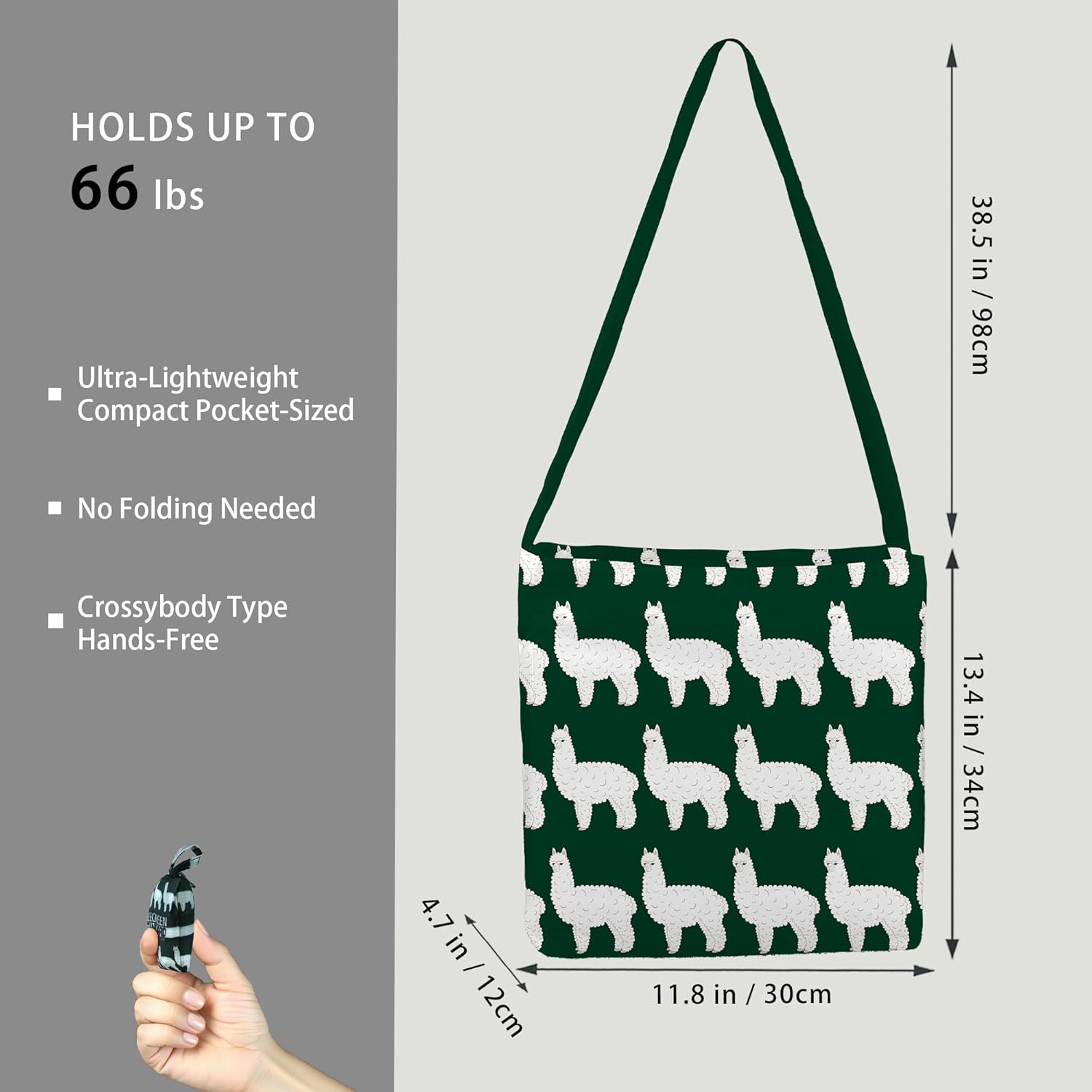 BeeGreen Alpaca Ultimate Crossbody Tote Bag - Reusable Grocery Shopping Bag - Foldable Compact Portable Machine Washable - Image 3