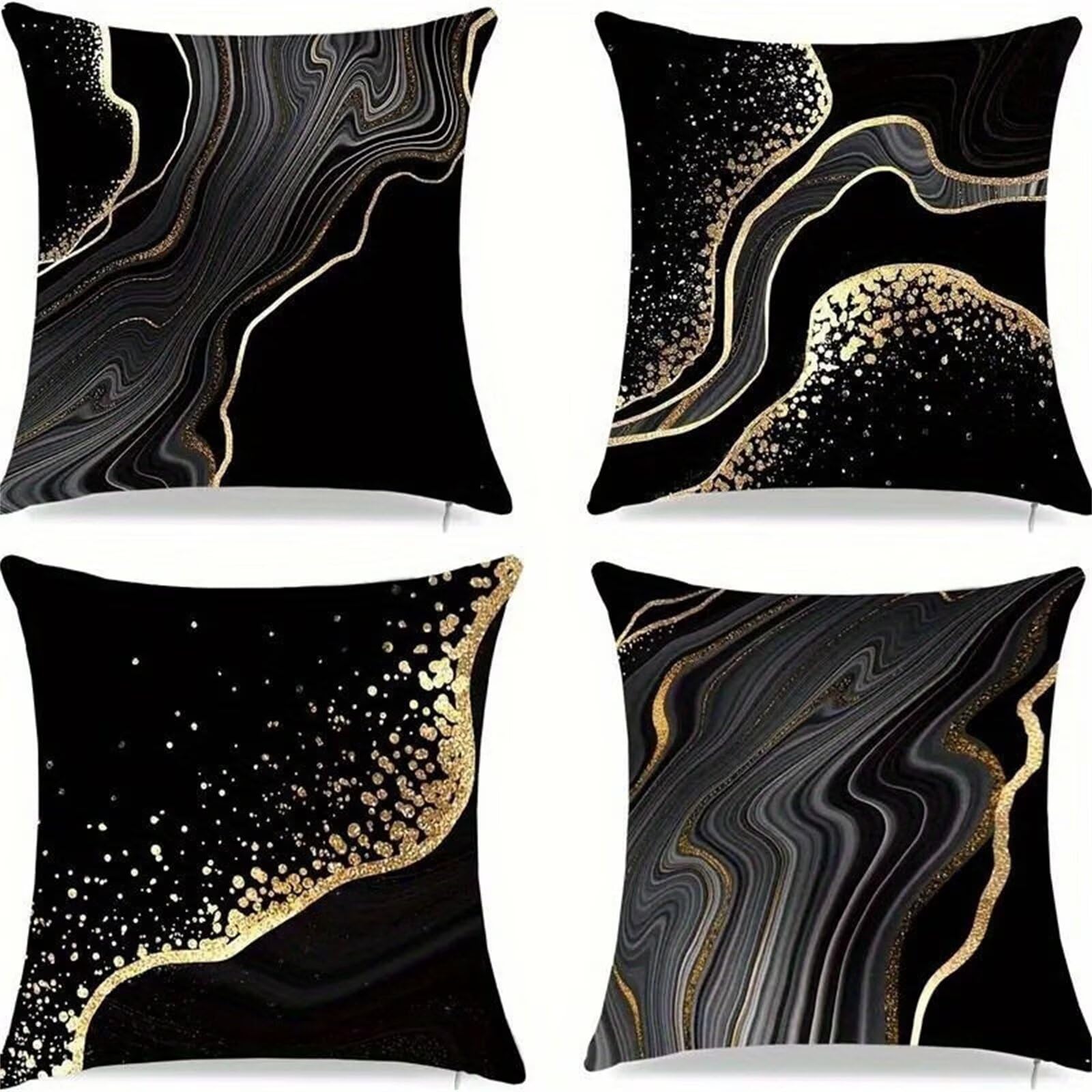 QiHon Cushion Covers 60x60 cm Set of 4 Black Marble Linen Square Pillow Cases 24x24 inch Modern Decorative Throw Pillow Covers for Sofa Couch Bedroom Home Office with Invisible Zipper