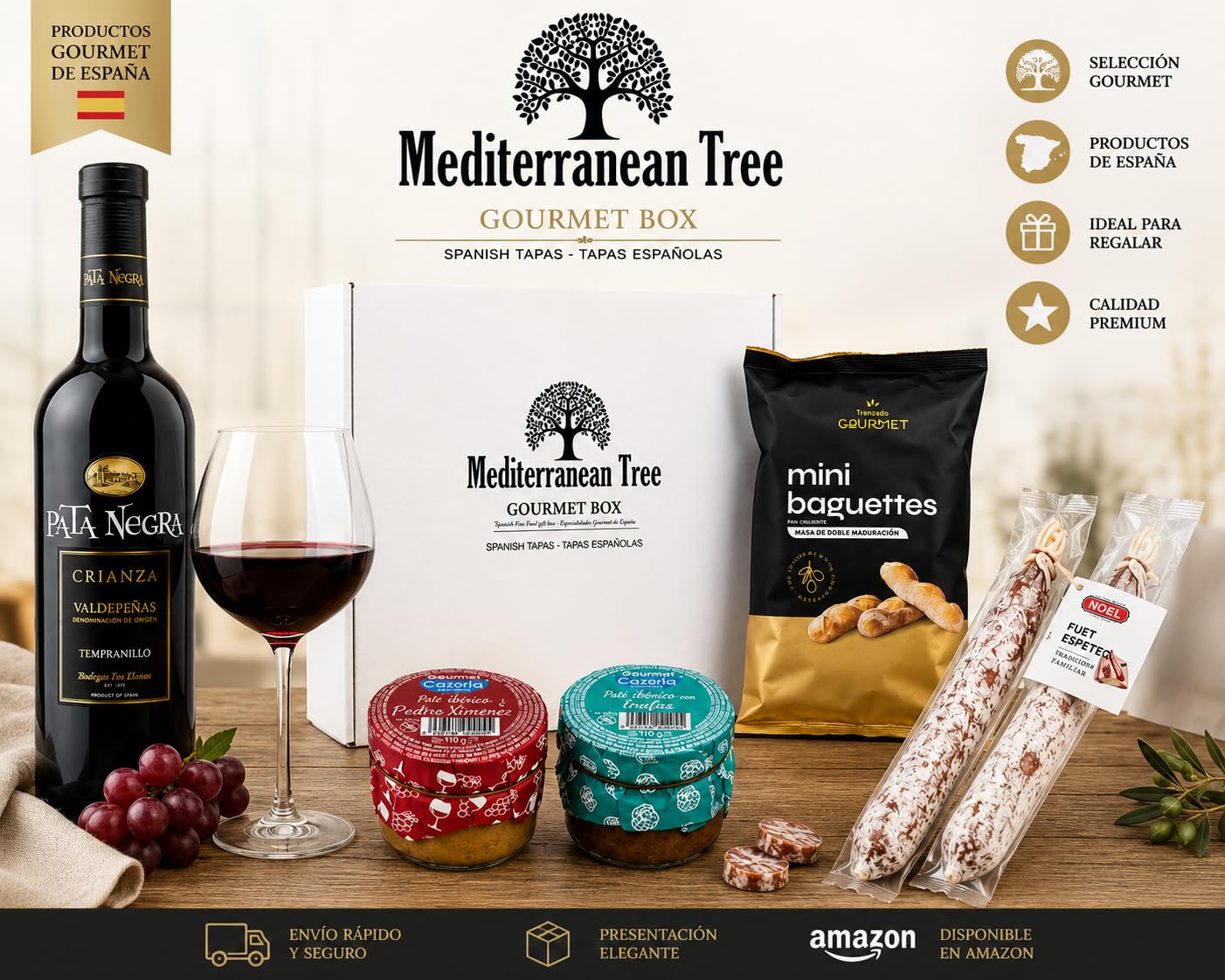 Caja cesta de regalo Gourmet Vino Crianza Embutidos y Patés Ibéricos seleccion Fuet y Picos de Pan artesanos –Pack elegante Ideal para Navidad, Empresas Cumpleaños y Celebraciones Especiales