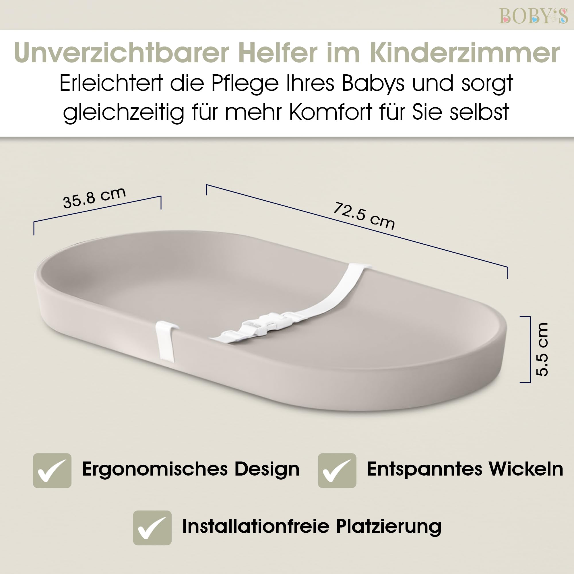 BOBY’S Wickelauflage Baby aus PU-Schaum mit Sicherheitsgurt – rutschfest & abwaschbar, Anti-Roll Design, für Wickeltisch & Kommode, hygienisch, ca. 72,5 × 35,8 cm