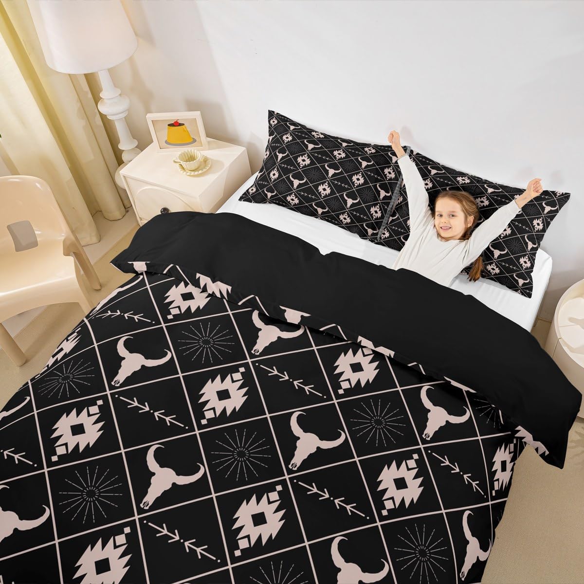 Erosebridal Bull Skull Bedding Set for Boys, Ethnic Western Horns Comforter Cover Queen Size Tribal Aztec Boho Southwestern Duvet Cover Farmhouse Animal Vintage Bed Set, 2 Pillow Cases, Black Brown
