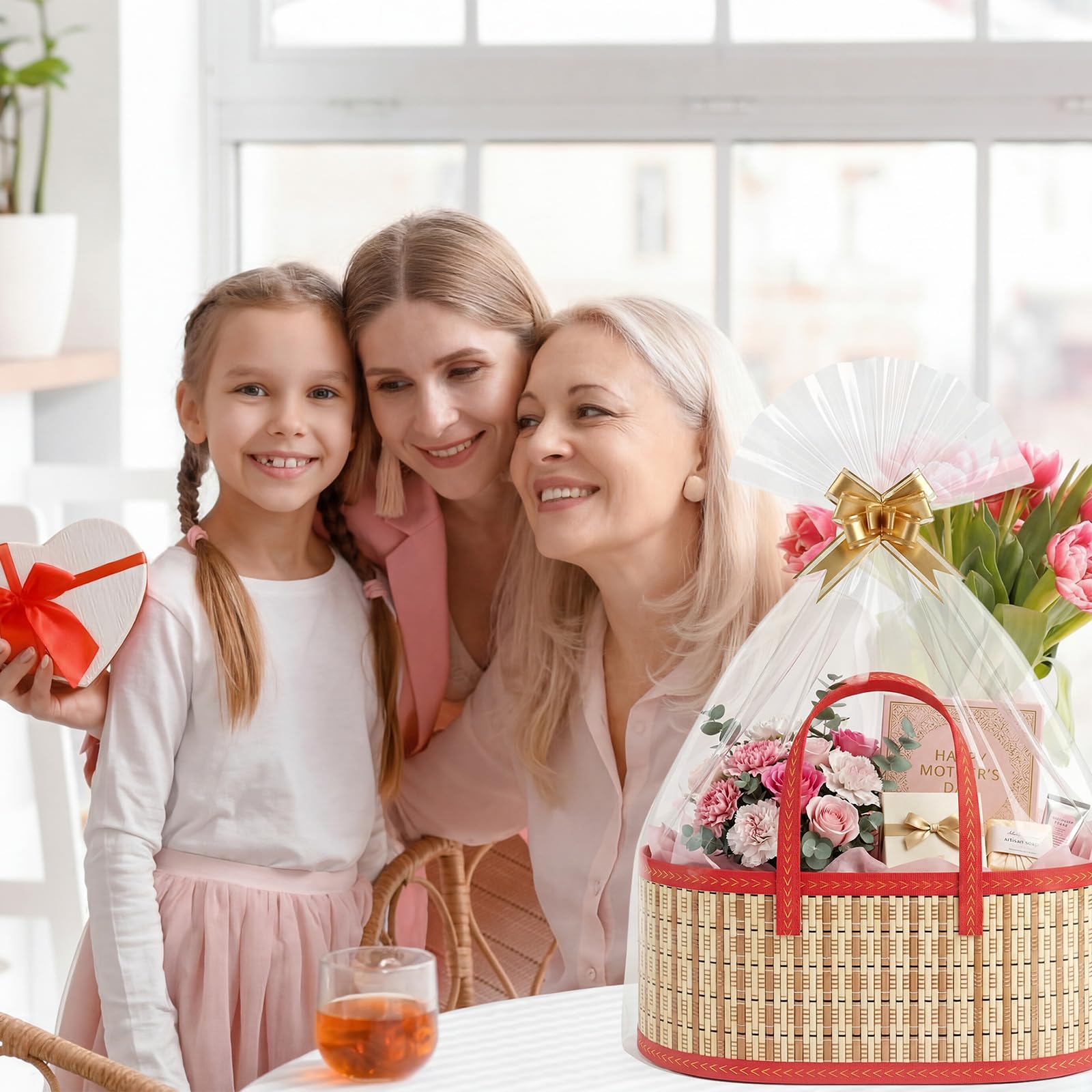 Reallnaive Set di 2 cesti regalo vuoti per la festa della mamma, 40 x 20 x 16 cm, in bambù, con manico, trasparente, per confezionare regali fai da te, compleanni, inaugurazione della casa, feste
