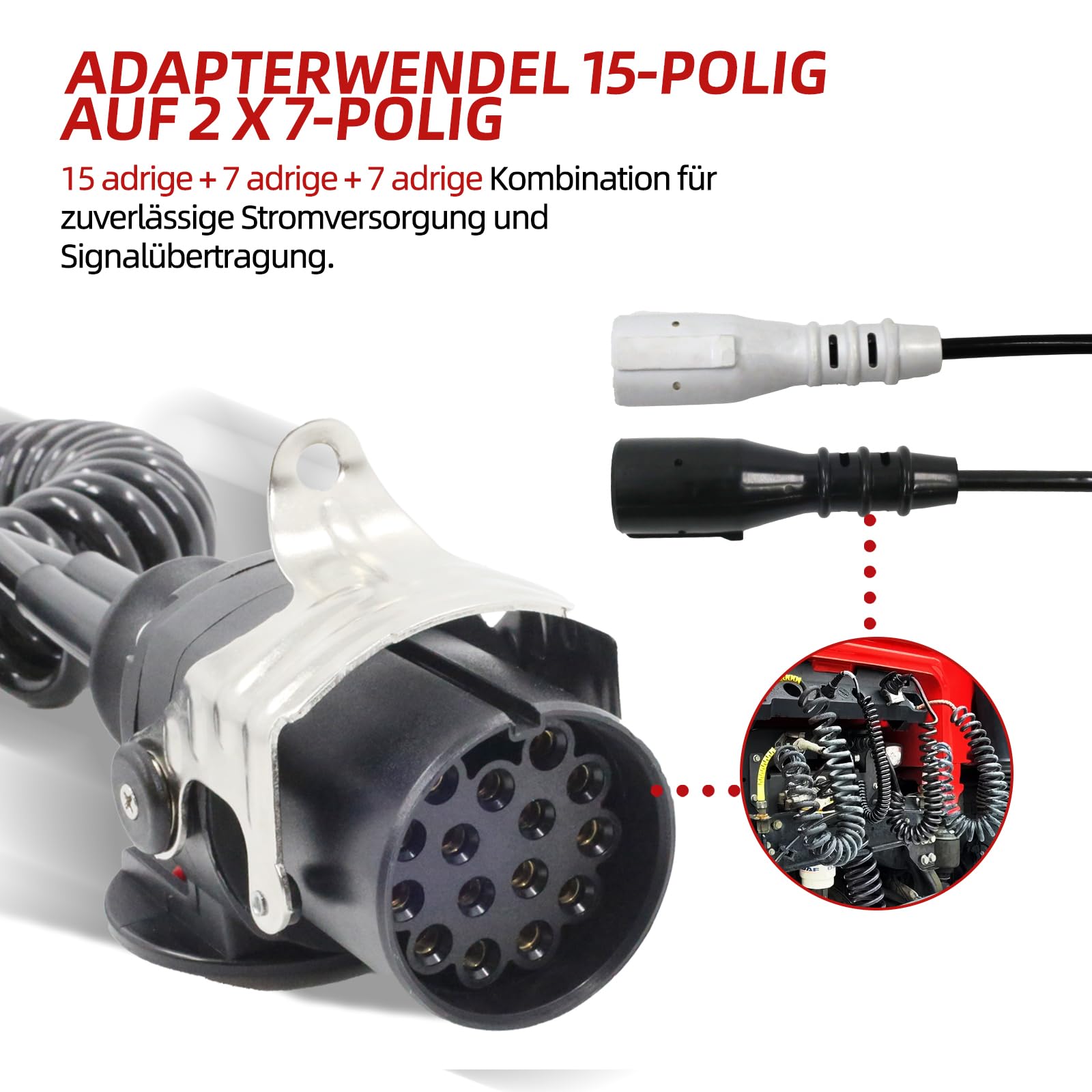 Elektrowendel adapter 24 V, 15-biegunowy na 2 x 7-biegunowy kabel spiralny do samochodów ciężarowych, przyczep, ciągników, przyczep