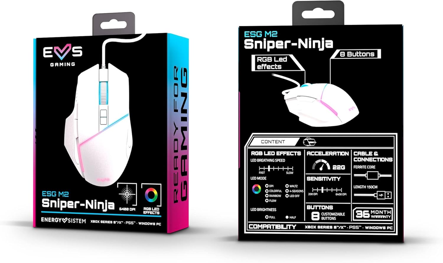 Energy Sistem Gaming Mouse ESG M2 Sniper-Ninja Mouse PC (6400 dpi, USB, RGB LED Lights, 8 Customizable Buttons)