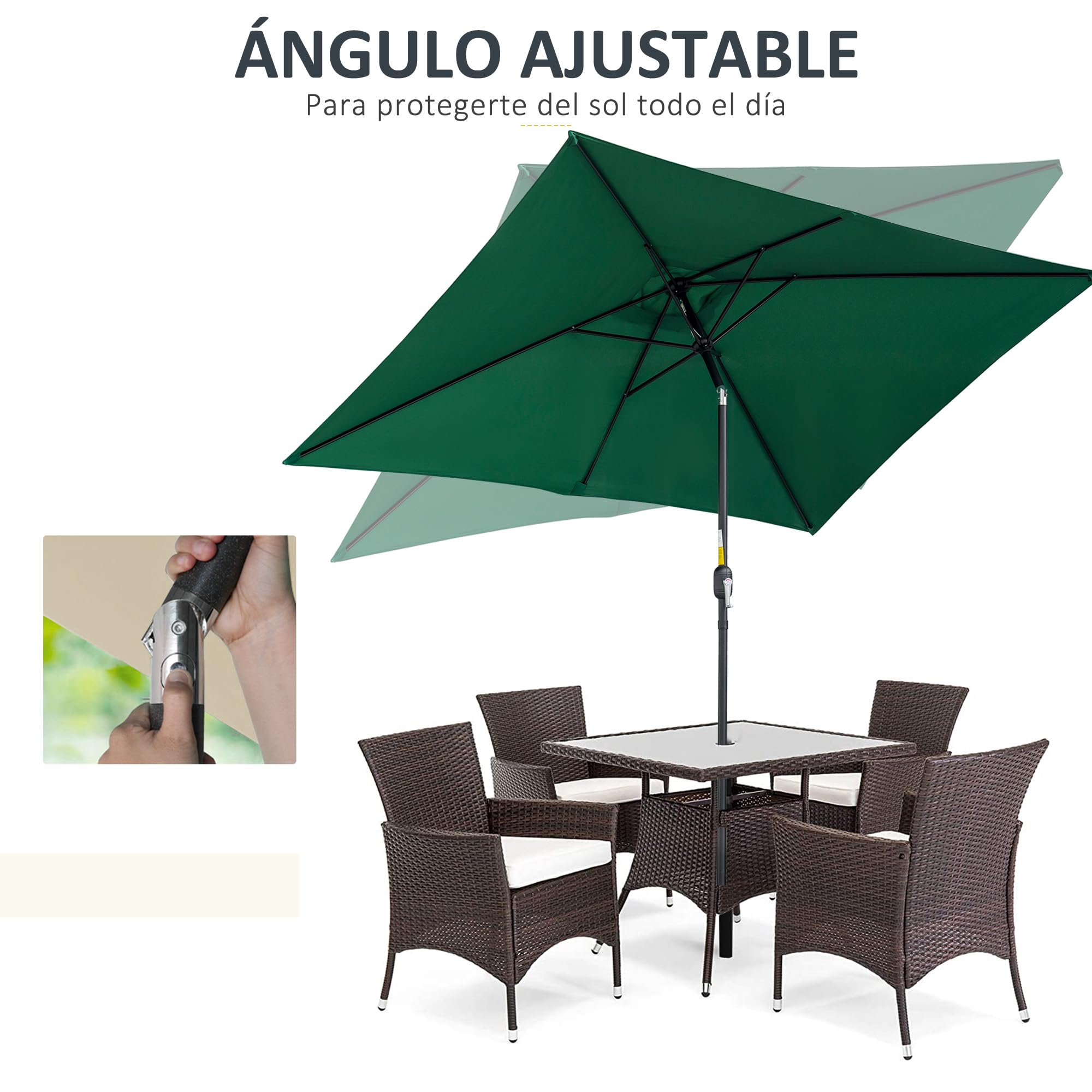 Outsunny Sombrilla de Aluminio 2x3x2,5 m Inclinable con Manivela Verde | Parasol Rectangular de Jardín, Mástil Anti-UV Desmontable, para Terraza Patio Piscina Exterior