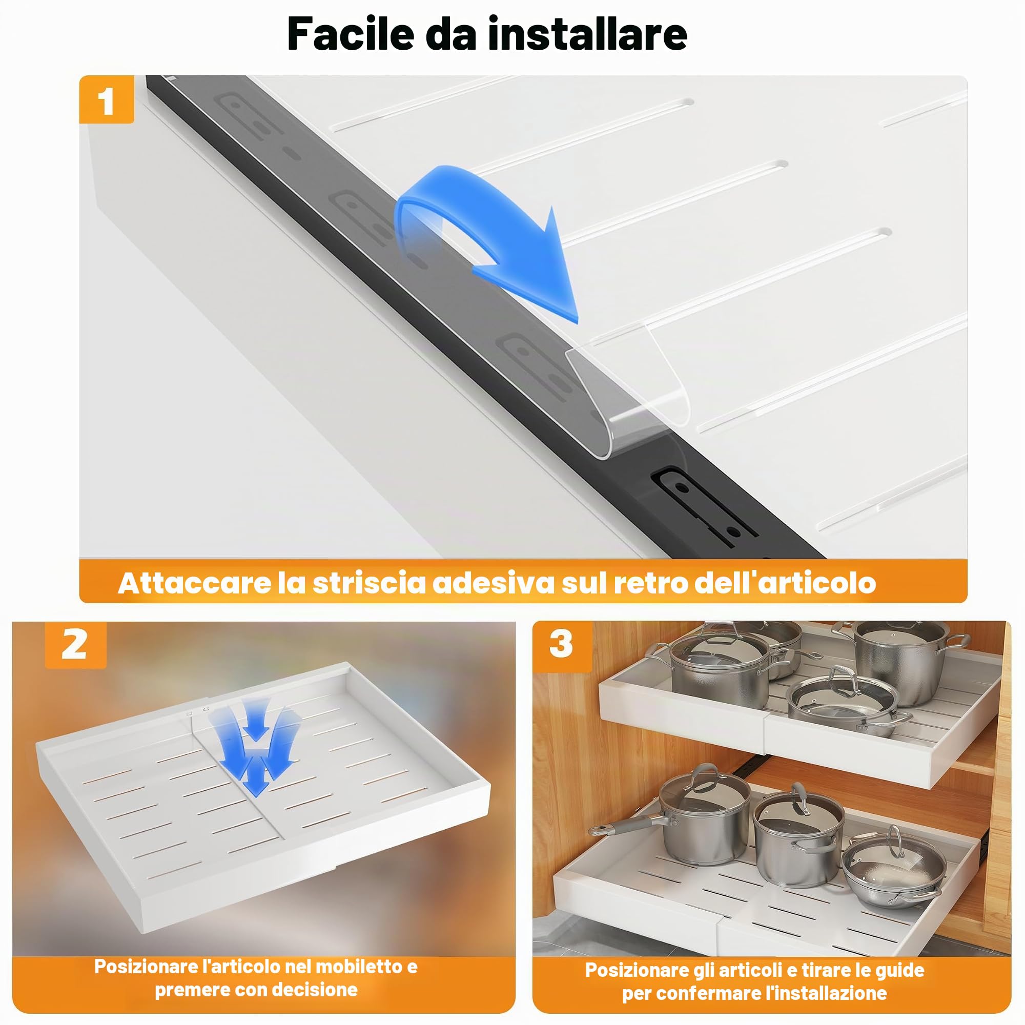 COVAODQ Organizzatore estraibile per armadietto, estensibile, scorrevole, senza fori, per organizzare la base della cucina, dispensa, bagno,Set 1 pezzo bianco