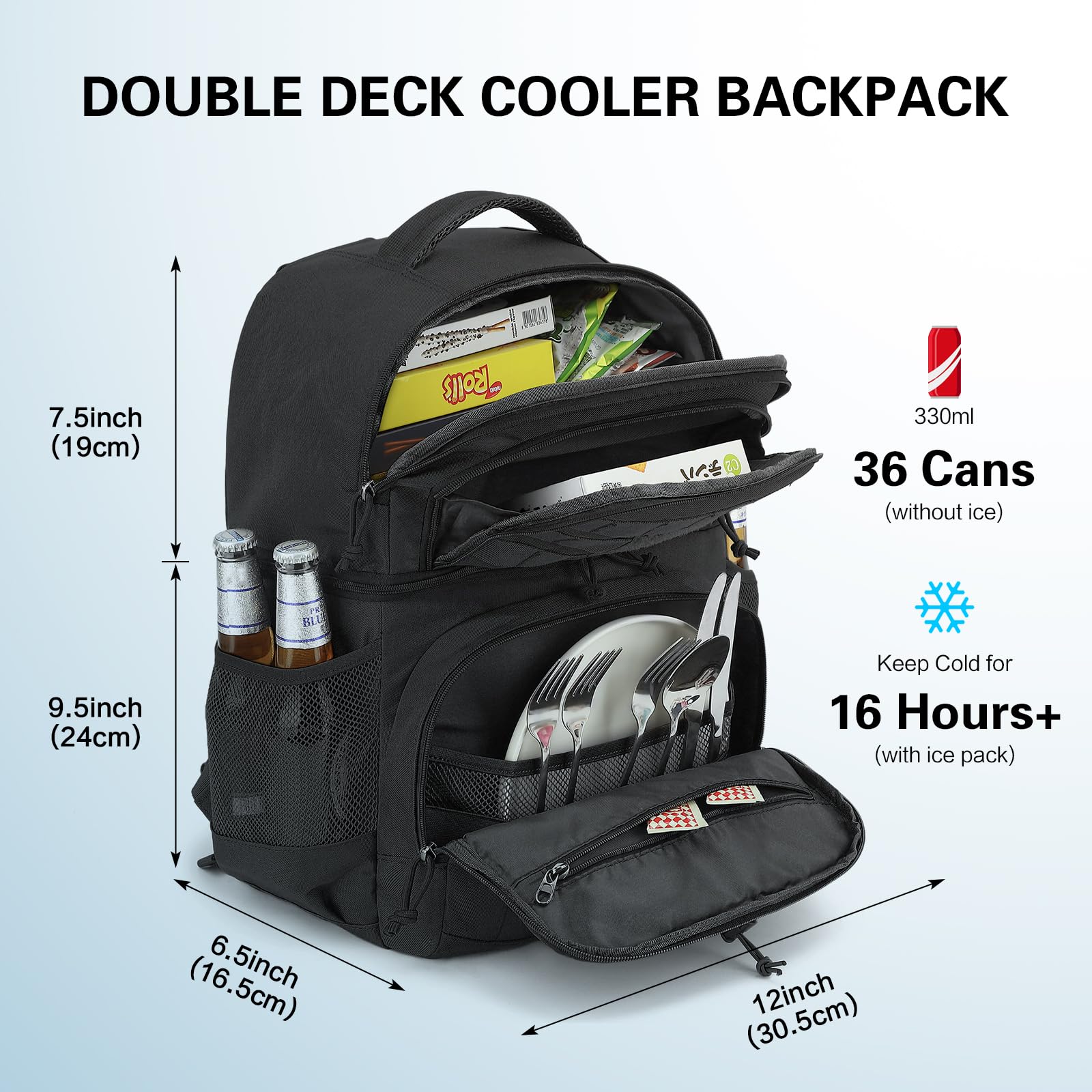 Mochila Nevera Táctica 20L Mochila Termica Pequeña con doble compartimento para hombre y Mujeres Prueba de Fugas Bolsas Isotermica para Trabajo , Playa, Picnics, Campingaz, Negro
