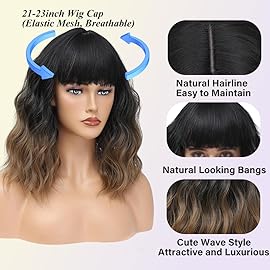 Ombre Black Brown Wig with Bangs for Women 12inch Short Bob Wavy Curly Hair Wigs Heat Resistant Hair Replacement Wigs for Daily Use Cosplay Costume Halloween