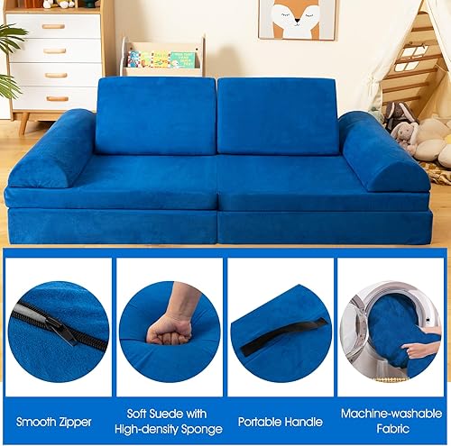Miniatura 6 de Costzon Sofá de juegos para niños, sofá plegable modular grande con asa, funda lavable a máquina, cojín de espuma convertible para sala de juegos,