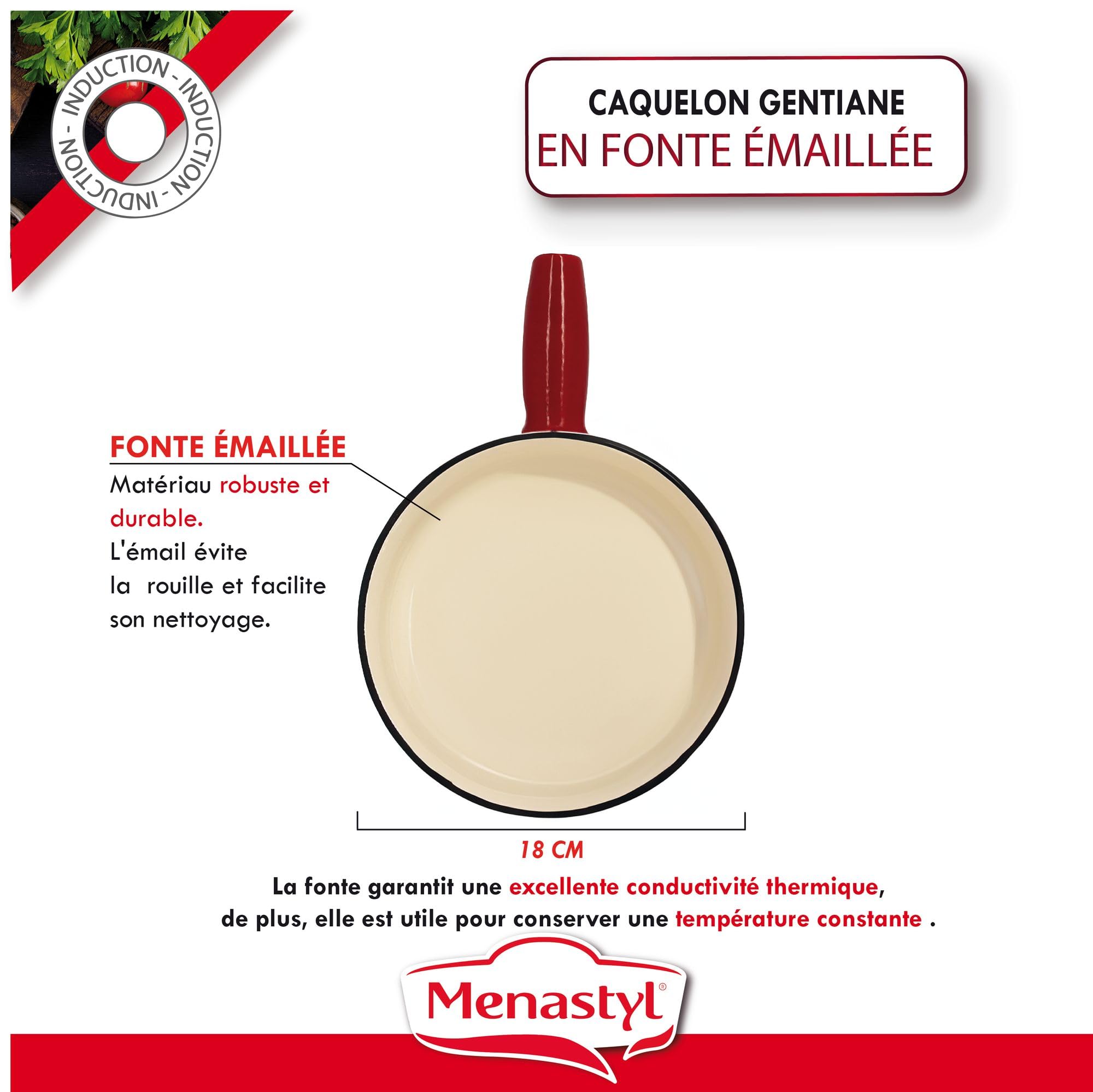 MENASTYL - Caquelon Gentiane 18cm en fonte émaillé rouge - Parfait pour réaliser une fondue savoyarde - 6020020