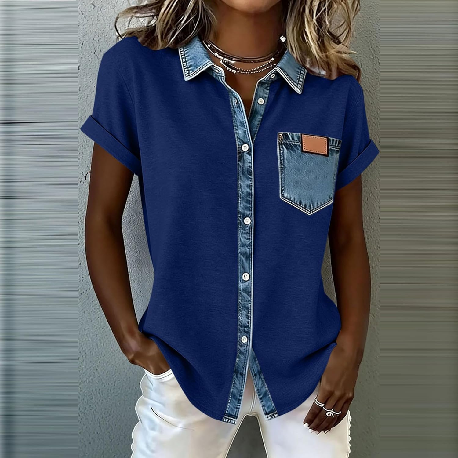 Short Sleeve Summer Tops for Women Casual Patchwork Button Down Loose Fit Shirts Spring Fashion Work Blouses Outfit