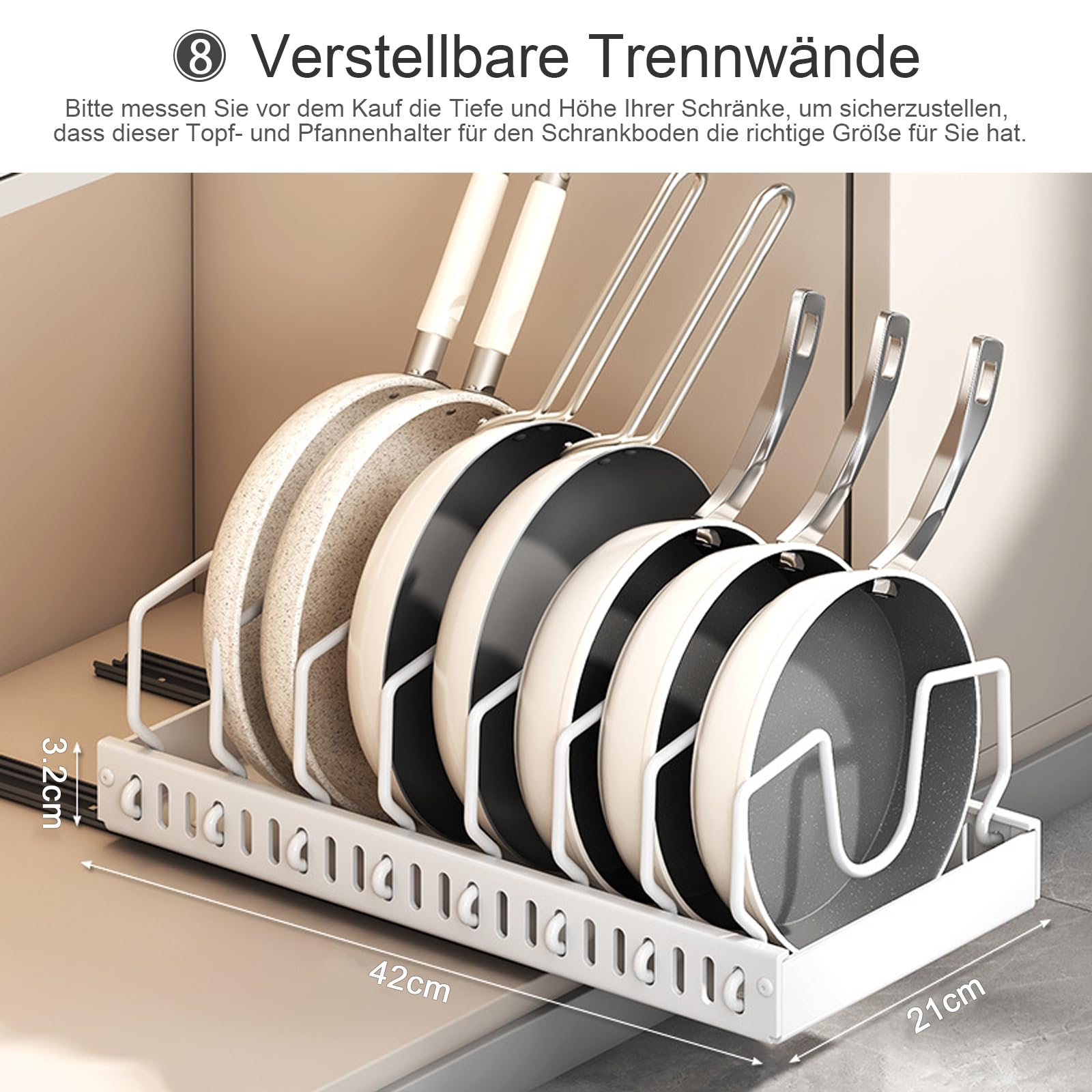 2er-Pack ausziehbare Töpfe und Pfannen Organizer unter dem Schrank,Töpfe und Pfannen Organizer für Schrank, Pfannenorganisatoren Aufbewahrung mit 8 verstellbaren Trennwänden (Weiß)
