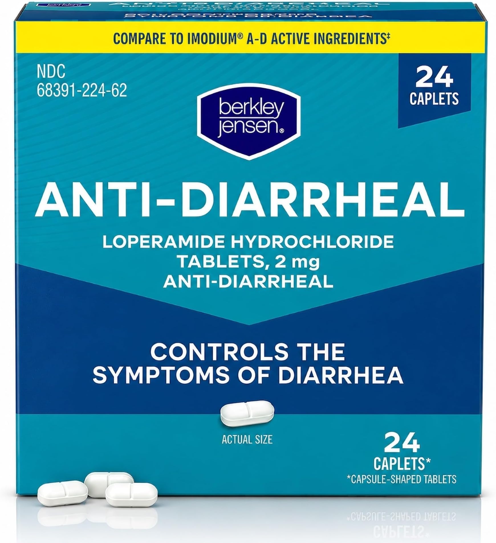 Berkley Jensen Anti-Diarrheal Medicine, Loperamide HCl 2mg, 24 Count | Diarrhea Relief Caplets, Controls Symptoms Including Travelers' Diarrhea, Easy-to-Swallow