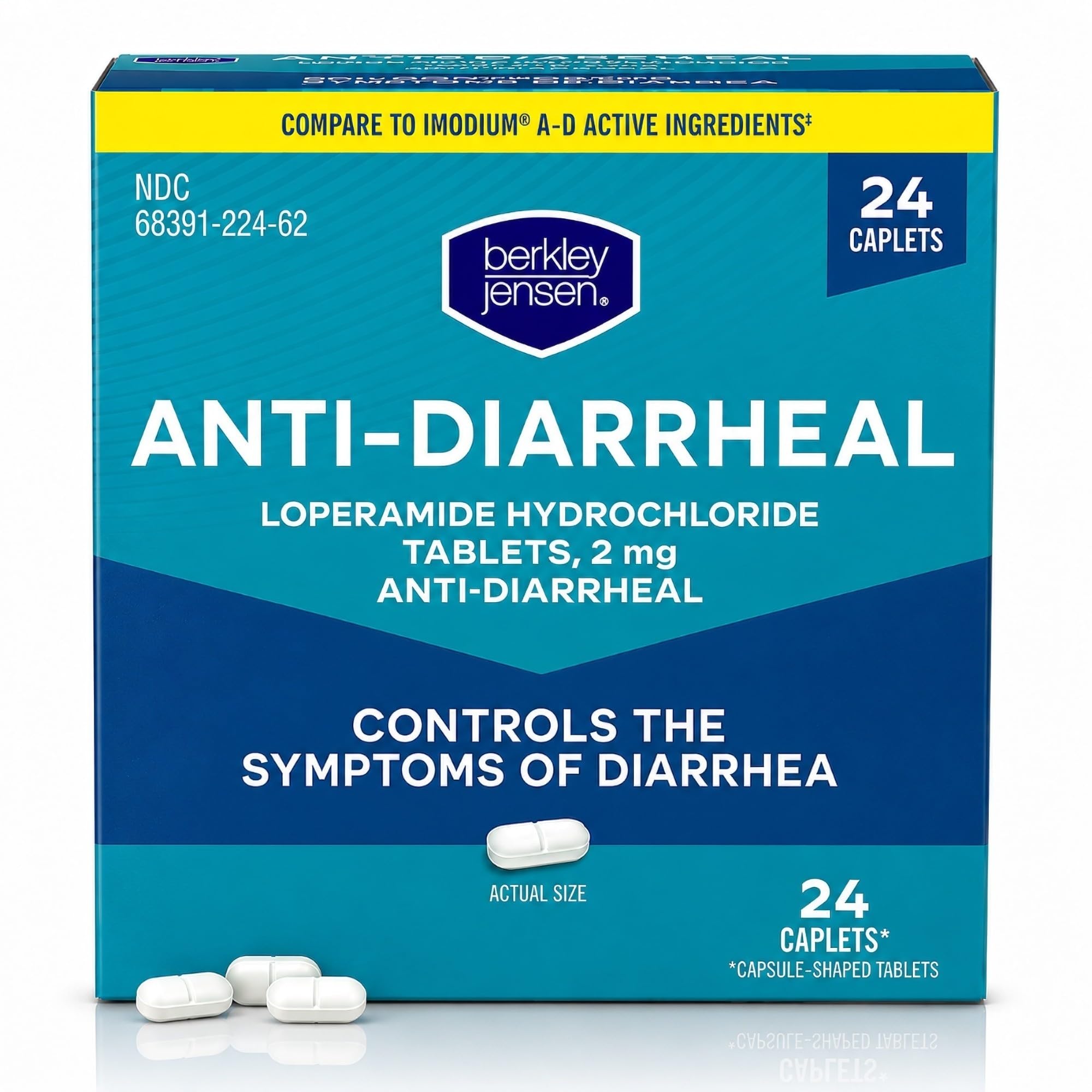 berkley jensen Anti-Diarrheal Medicine - Loperamid Hydrochlorid 2 mg Diarrhea Relief Caplets - Kontrollsymptome von Durchfall einschließlich Travelers' Diarrhea, Easy-to-Swallow Anti-Diarrhea Pillen, 24 Ct