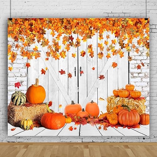 Fondo de madera para puerta de granero de otoño, cosecha de otoño, hojas de arce, calabaza, fondo de fotos para fotografía, 10 x 8 pies, retrato de