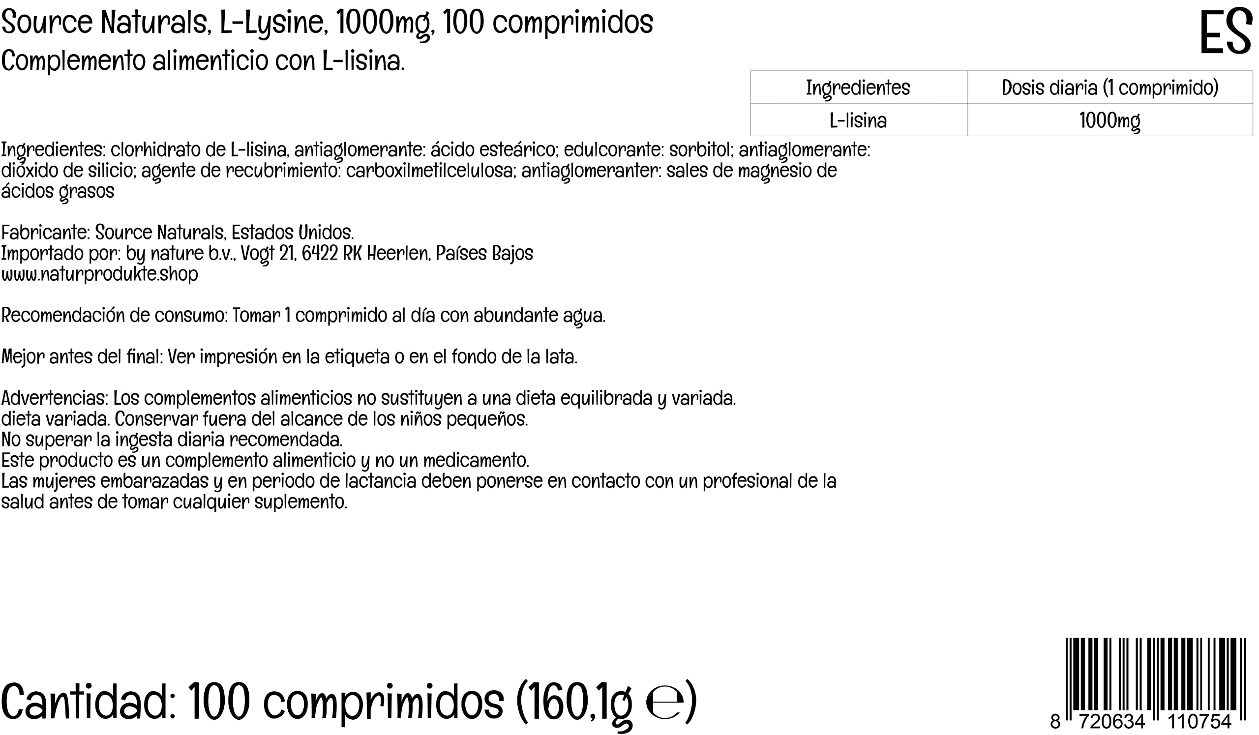 Source Naturals, L-Lisina, 1.000 mg, 100 compresse Vegane, con pratico portapillole, Testato in Laboratorio, Aminoacido, Senza Glutine, Senza Soia, Vegetariano