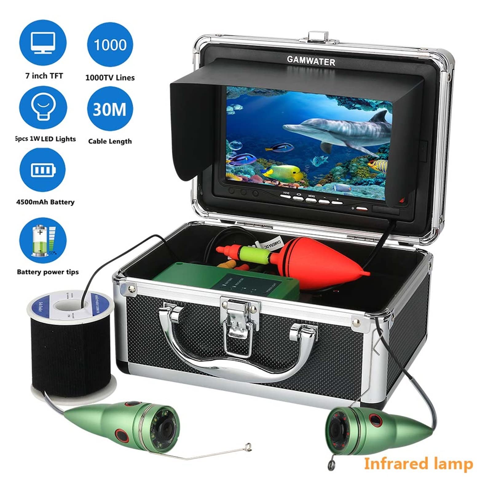Kamera Wędkarska Underwater Fishing Video Camera Zestaw 100 0TVL 6W IR LED Fisher z 7 cali monitorem koloru 1 0 M 15m 20m 30m Do połowów morskich lodu(09MJ IR 30M)
