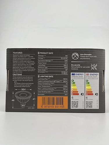 Miniatura 3 de SINCELIGHT Reflector LED MR16 (GU5.3) de 12 V de Ø50 mm con base GU5.3, 6 vatios, 450 lúmenes, equivalente a halógeno de 50 W, 2700 K (blanco