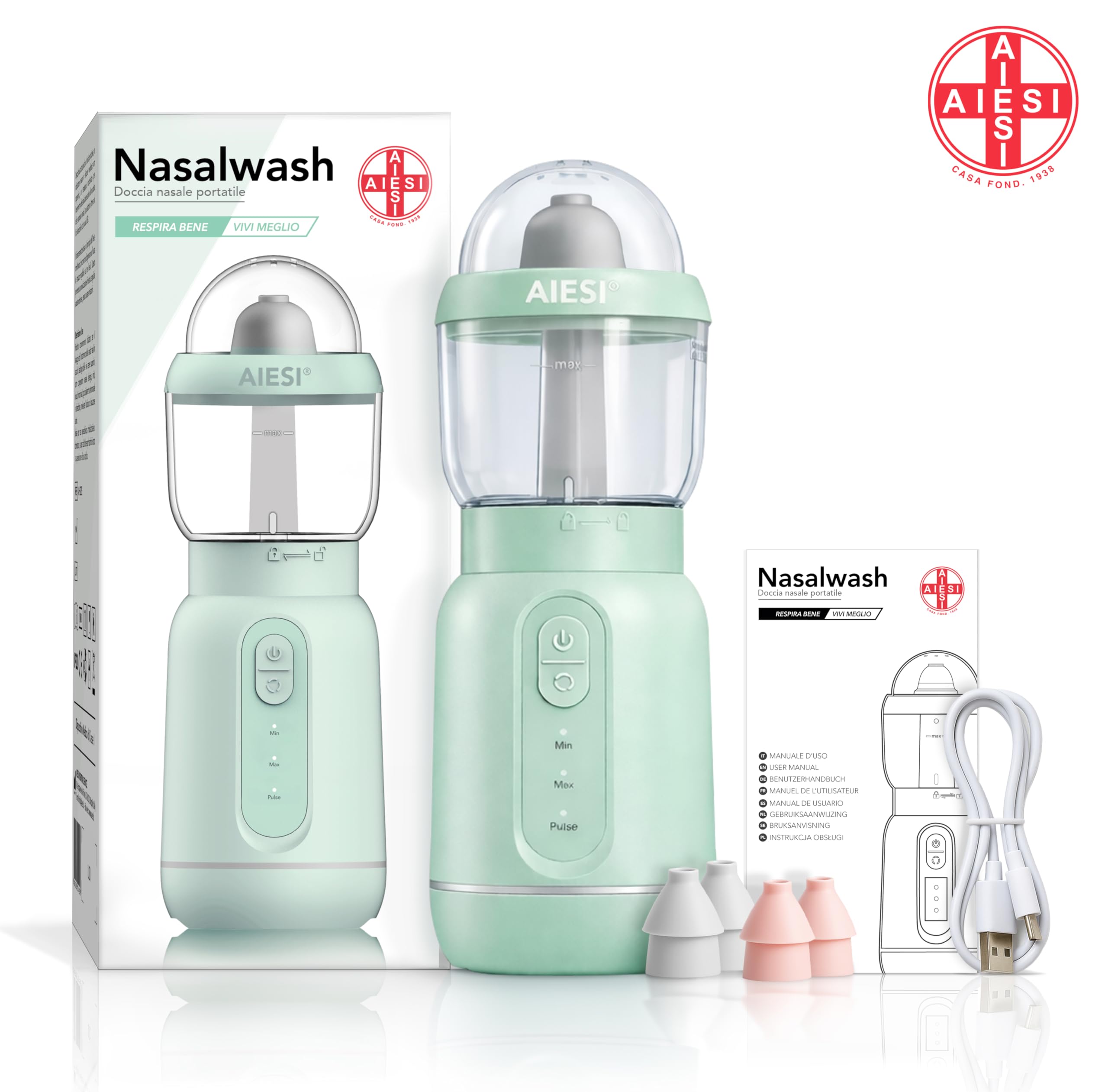 AIESI® Doccia nasale portatile ricaricabile per adulti e bambini NASALWASH, Batteria ricaricabile, 3 livelli di spruzzo, Garanzia Italia 24 mesi