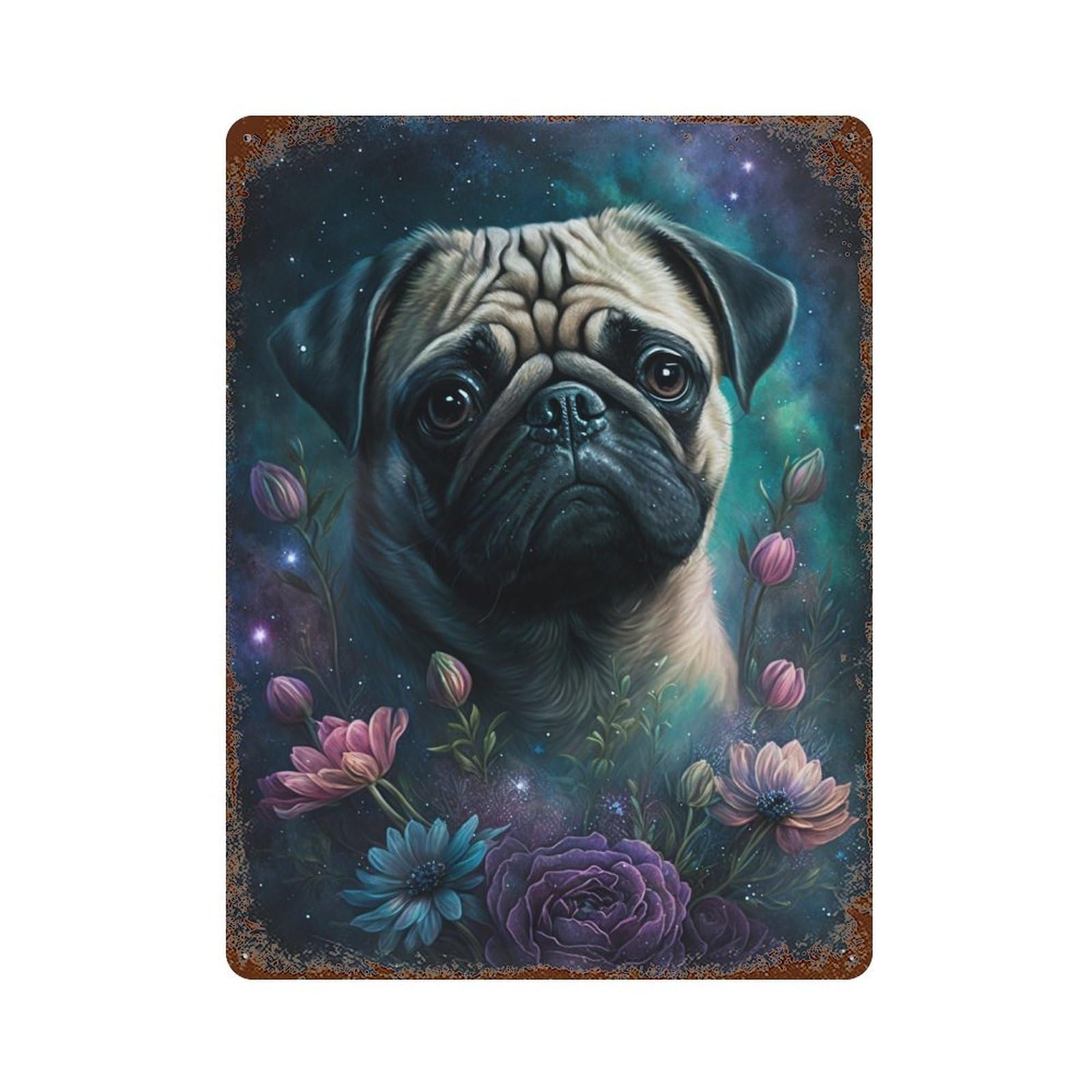 Galactic Pug with Flowers -1 Vintage Metal Tin Sign 15.7"x11.8", Ideal for Basement, Hobby Room And Garage Decor