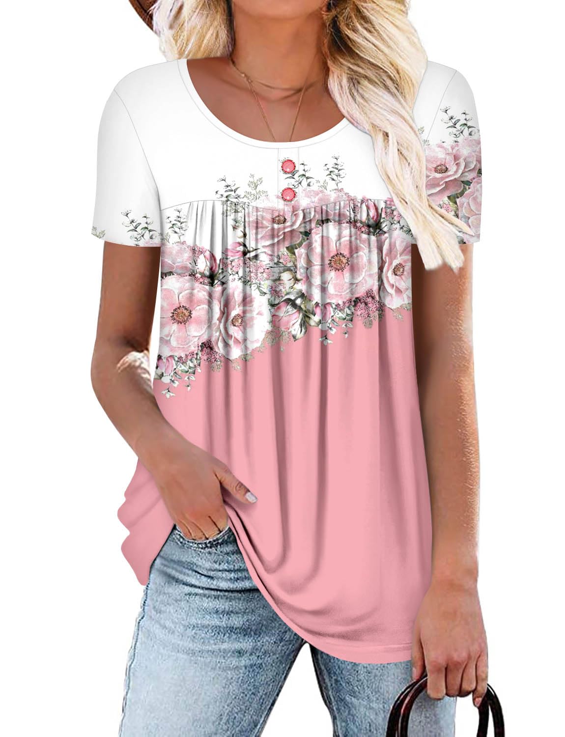 onlypuff Womens Tunic Tops Short Sleeve Crew Neck T-Shirt Summer Flowy Pleated Blouse Decoration Button S-3XL