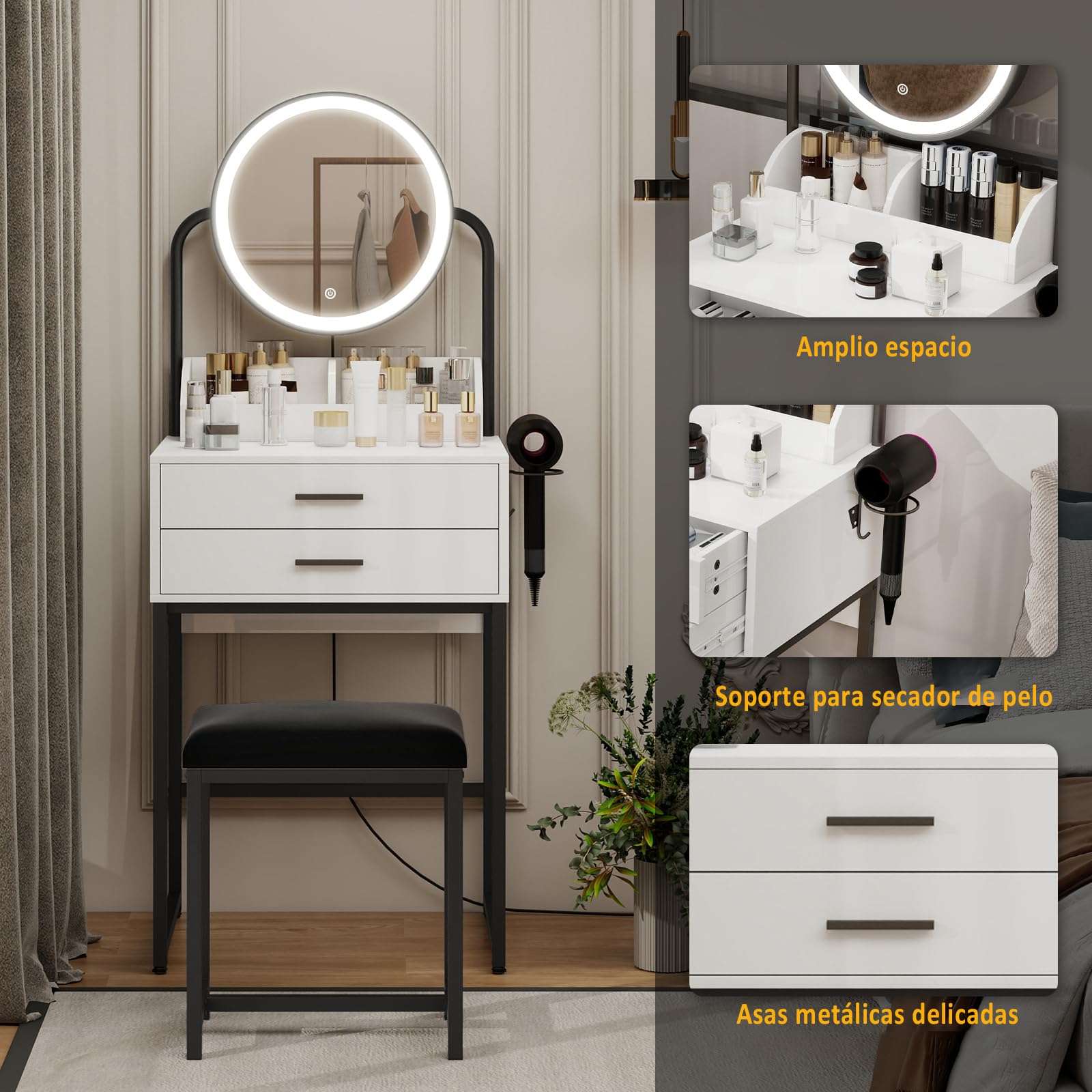 YU YUSING Tocador con Espejo LED, Tocador de Maquillaje con Taburete