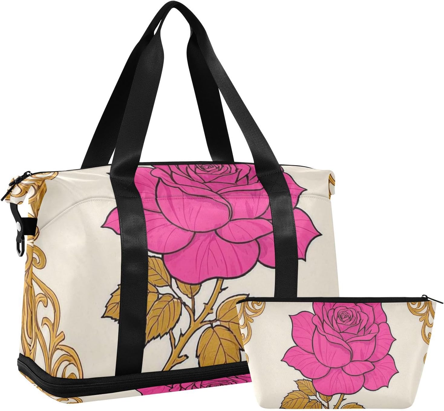 Elegant Rose Floral Peach Gold Gym Tote Bag Travel Overnight Carry on Bag with Toiletry Bag for Trip Waterproof