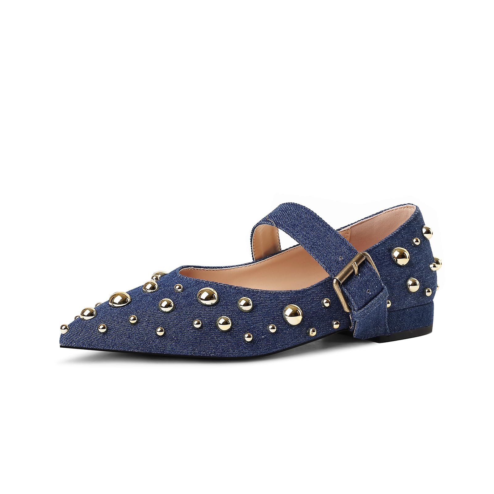 TRKYYK Women's Studded Flats Pointed Toe Mary Jane Flat Shoes