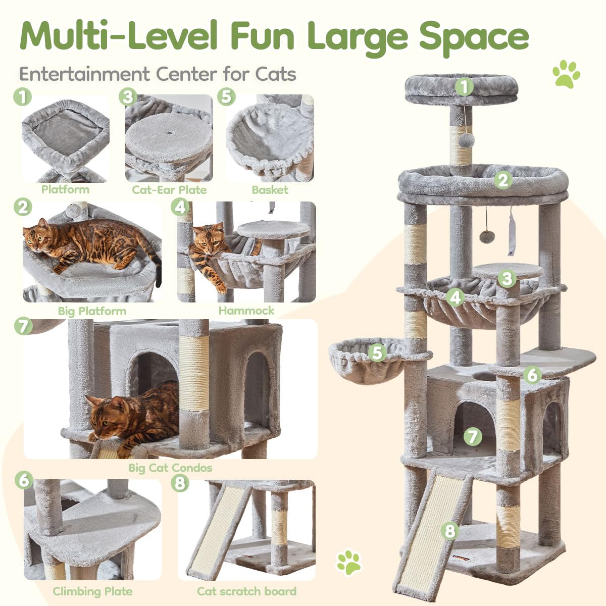 Taoqimiao Árbol para Gatos Grandes 183 cm, Árbol Rascador Multinivel con Cabaña Ancha, Panel Rascador Grande, 5 Postes Arañadores, Hamaca Metálica y Cesta Cómoda, MS045W Gris Claro