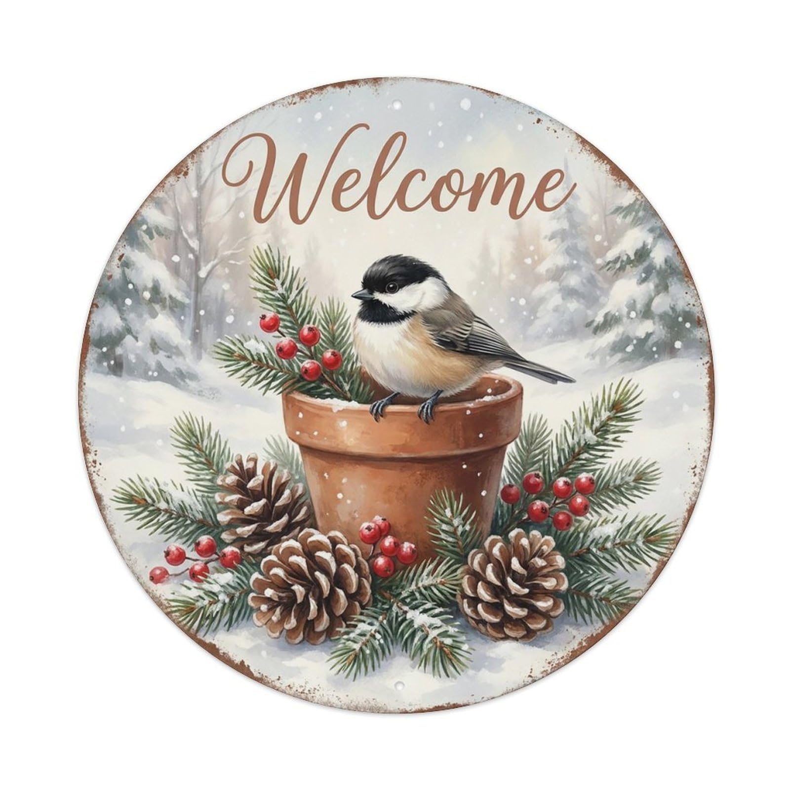 Welcome Chickadee Pinecones Vintage Metal Tin Sign Plaque Wall Decor for Cafe, Club Bar, Office, Garden Metal Poster 8x8Inch