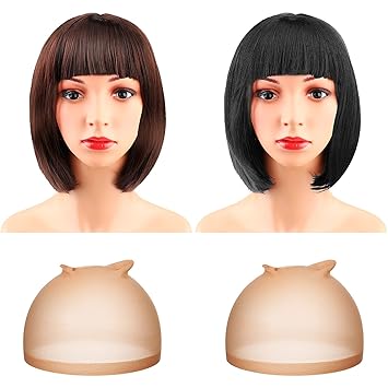 2 Pieces Short Bob Wigs Cosplay Daily Party Wigs with Flat Bangs Womens Shoulder Length Wigs Bob Wig and 2 Pieces Stocking Wig Caps Stretchy Nylon Wig Caps (Black, Dark Brown)