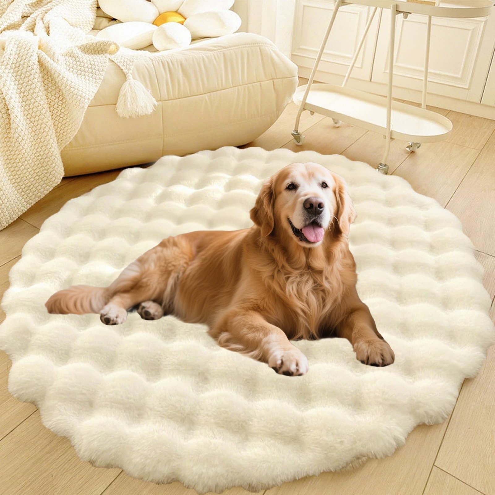 Divano per Cani E Gatti Con Fondo Antiscivolo, Tappeto Rotondo Lavabile, Moderno Letto A Pelo Lungo Da Posizionare Accanto Al Pavimento, Tappetino per Soggiorno(White,43in)